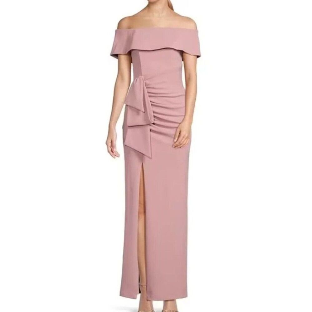 Xscape Off-the-Shoulder Ruffle Scuba Knit Gown in Blush